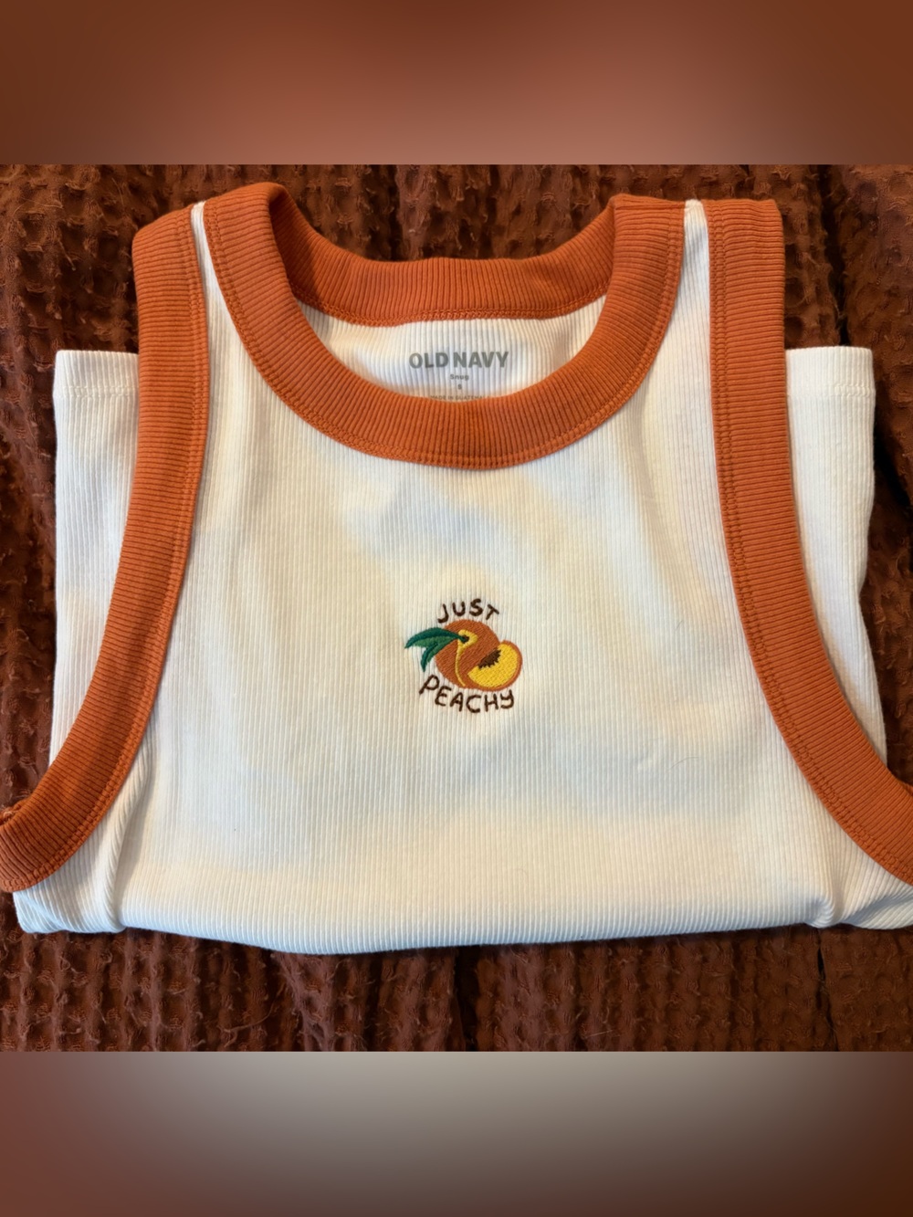 Old Navy White Tank with Rust-Orange Trim and Peach Embroidery